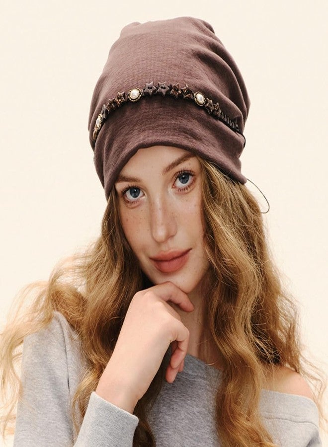 KORADI Women's Slouchy Beanie Hat Retro Stars Tassel Skull Cap Y2K Stylish Beanies Bonnet Stretch Hip-Hop Headwear Coffee - Image 4